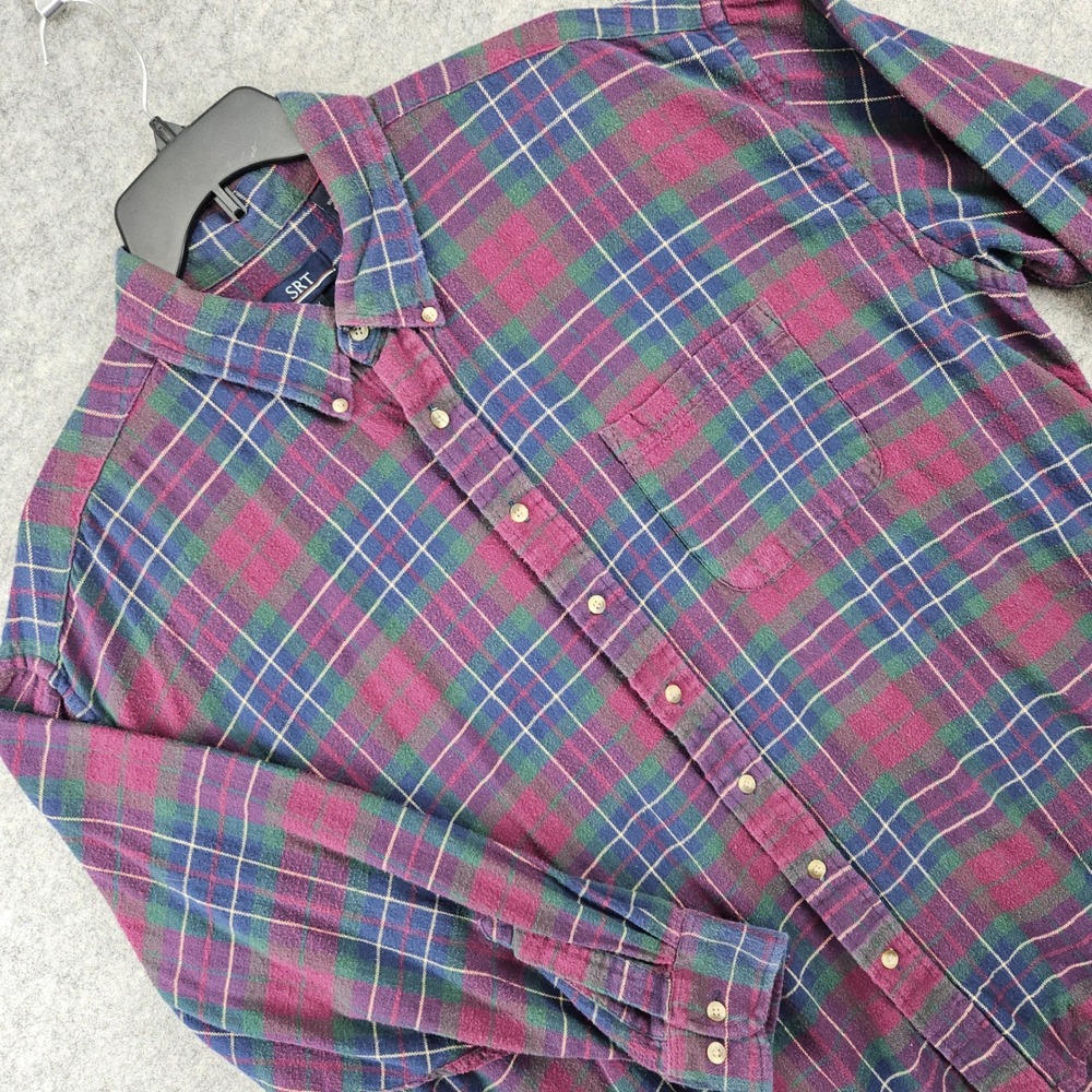 SRT Flannel Shirt Mens 2X Big Purple Green Plaid Long Sleeve Button Down PILLING
